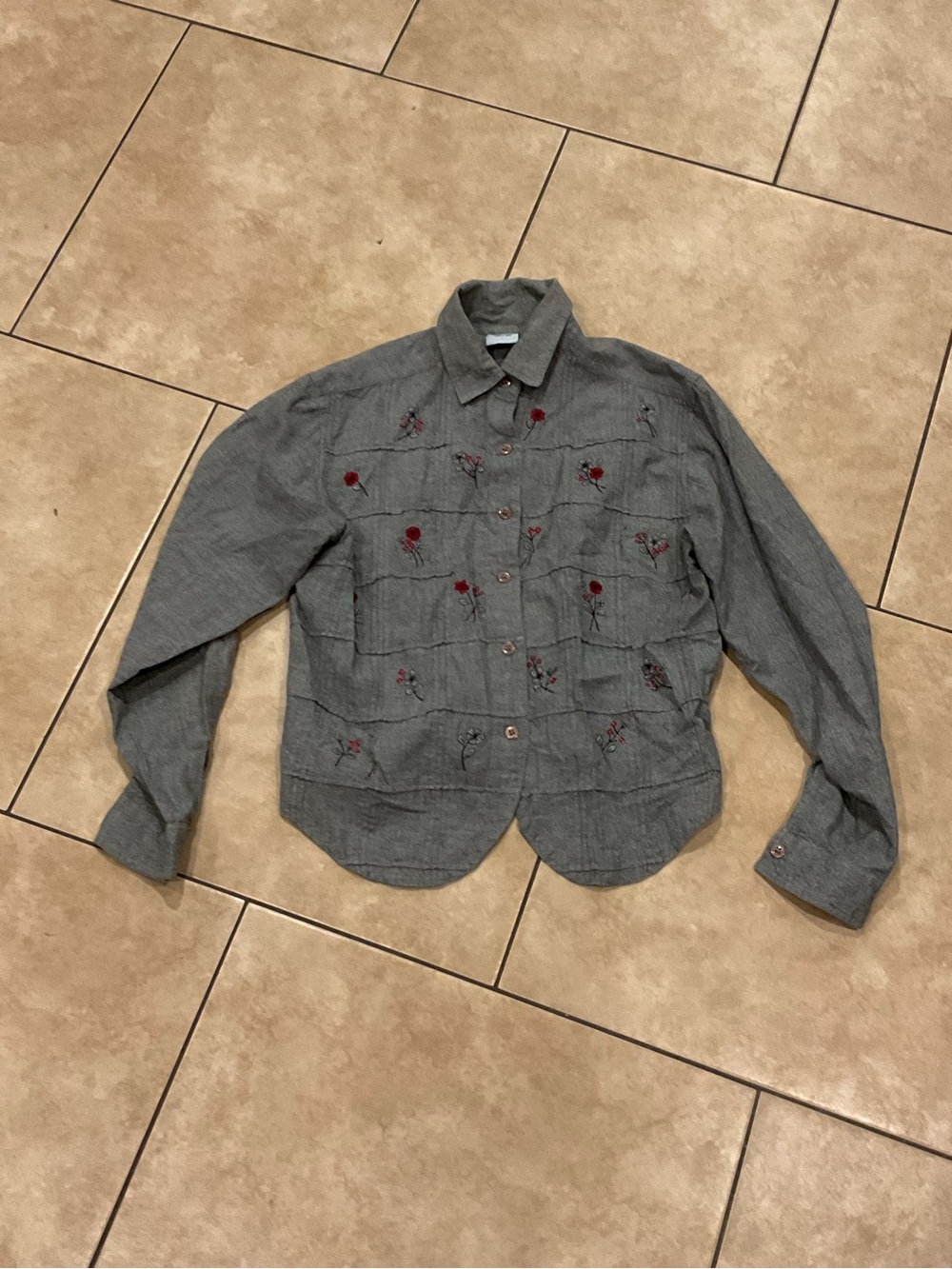 Gray Embroidered Button-Up Shirt with Red Floral Accents Boho Western